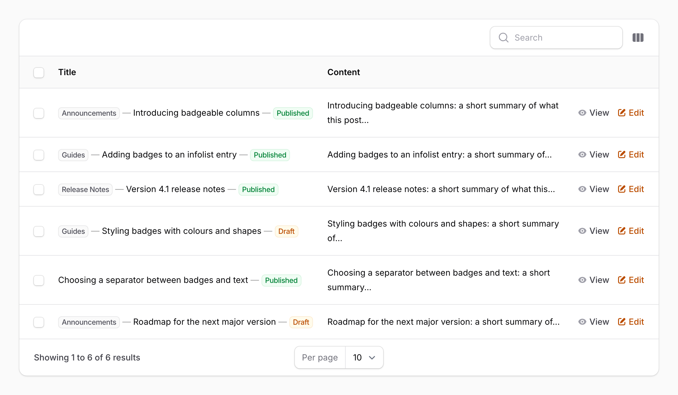 A Filament posts table whose Title column shows a grey category badge before each title and a green Published or amber Draft badge after it