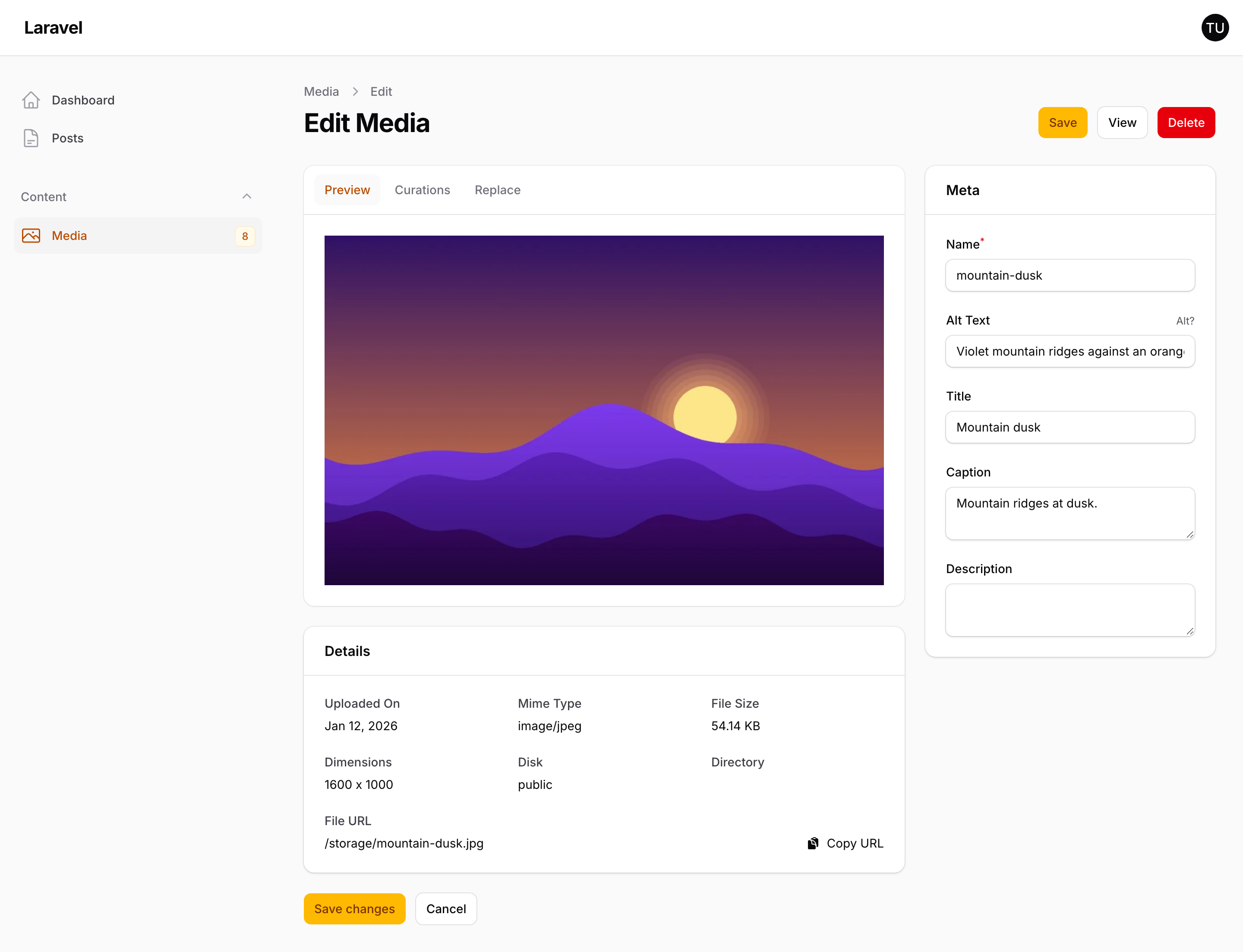 The Curator edit media page, with a large image preview, Preview, Curations and Replace tabs, file details such as dimensions, disk and URL, and fields for name, alt text, title, caption and description