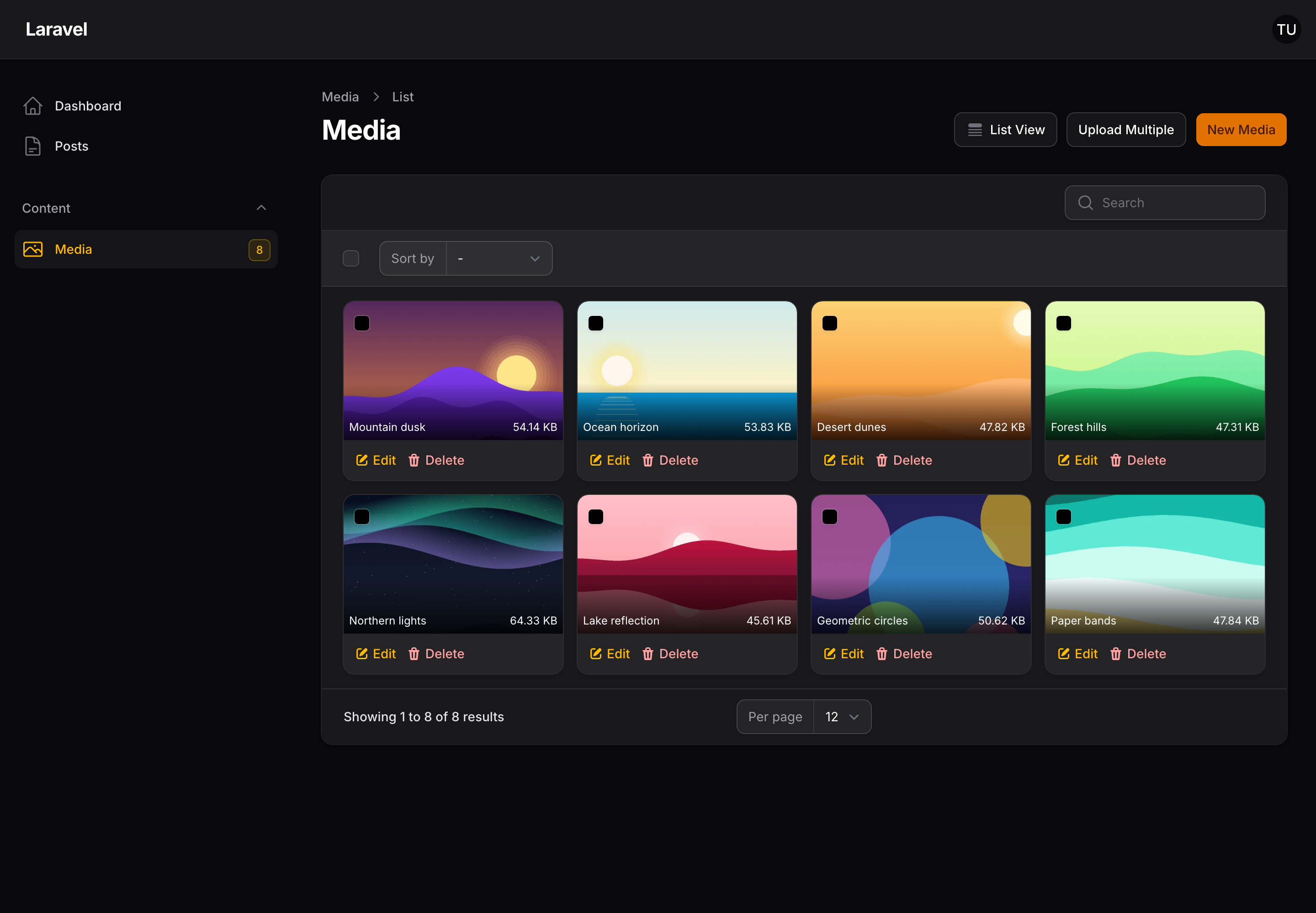 The Curator media library in its grid layout, showing eight landscape images, each with its title, file size, and Edit and Delete actions