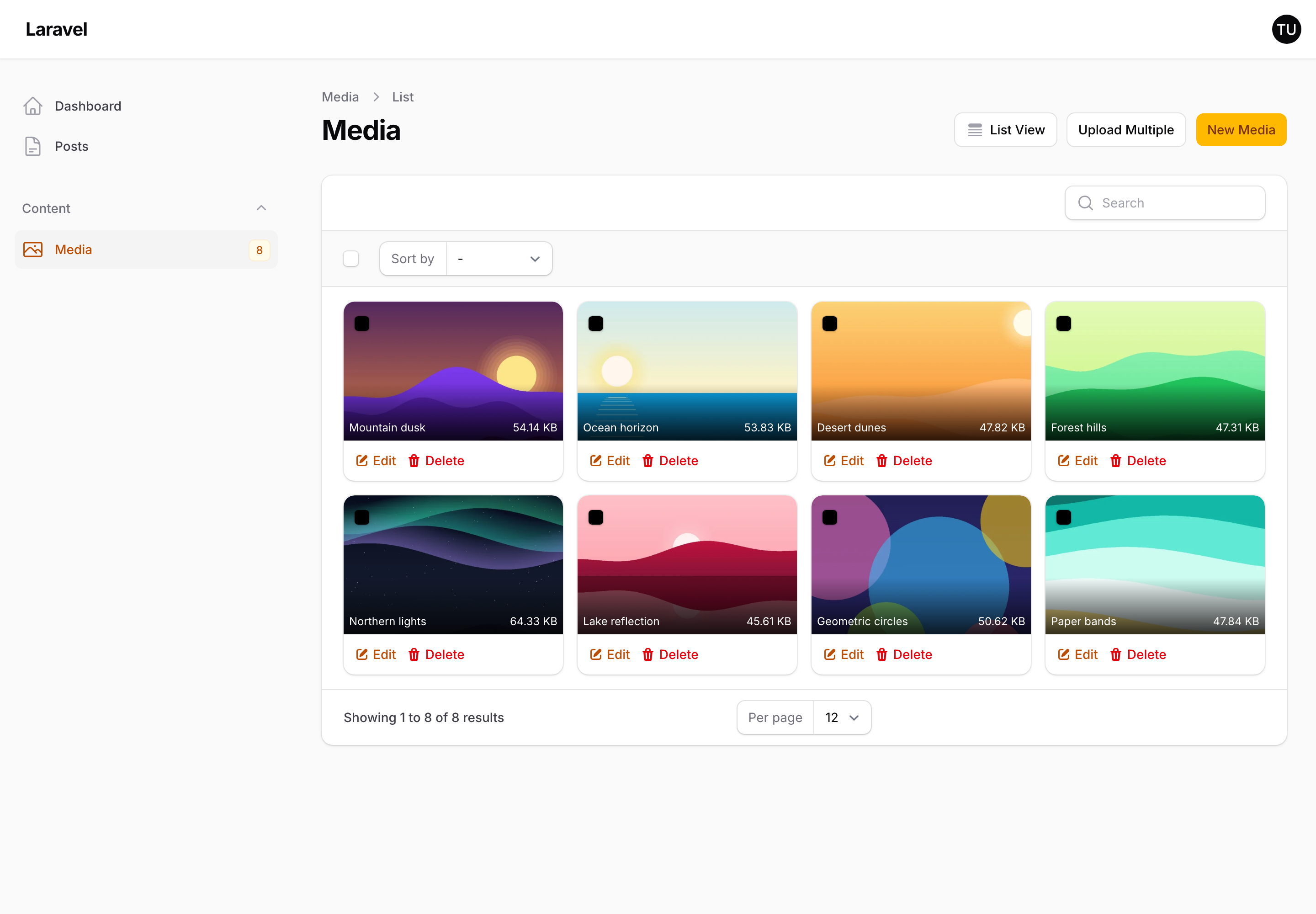 The Curator media library in its grid layout, showing eight landscape images, each with its title, file size, and Edit and Delete actions