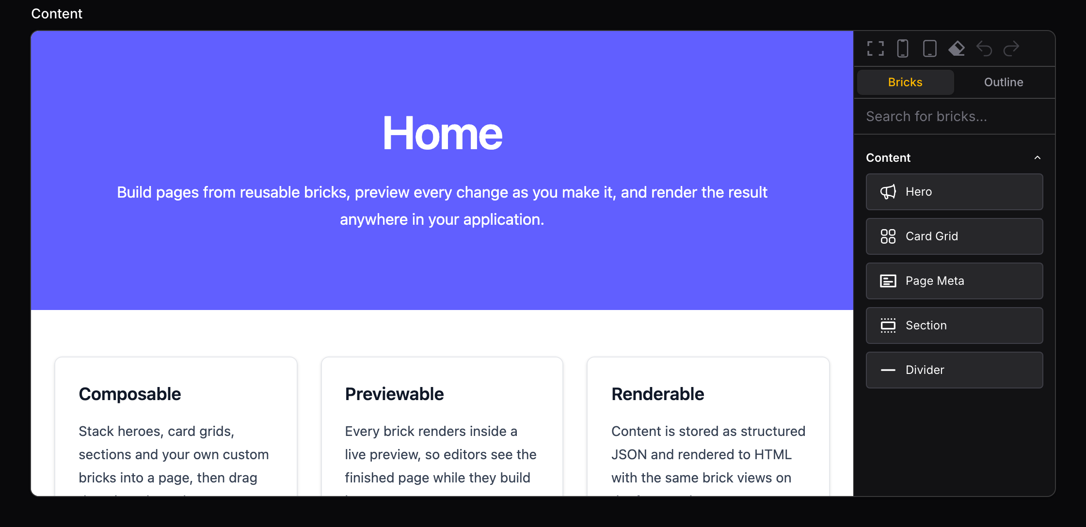 The Mason editor: a live preview of the page on the left, and the brick sidebar with search on the right