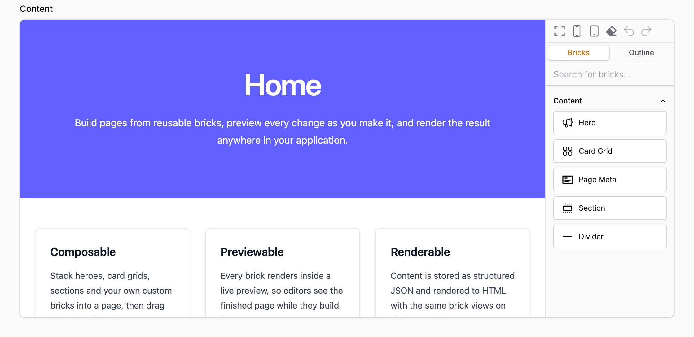 The Mason editor: a live preview of the page on the left, and the brick sidebar with search on the right