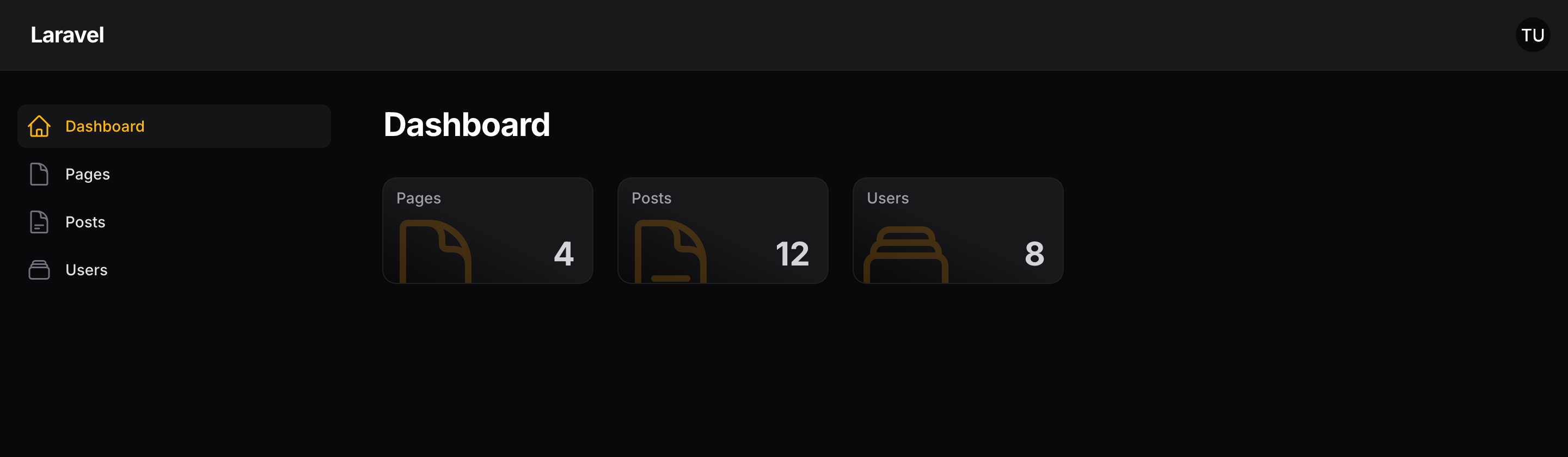 A Filament dashboard with the Overlook widget showing cards for Pages (4), Posts (12) and Users (8)