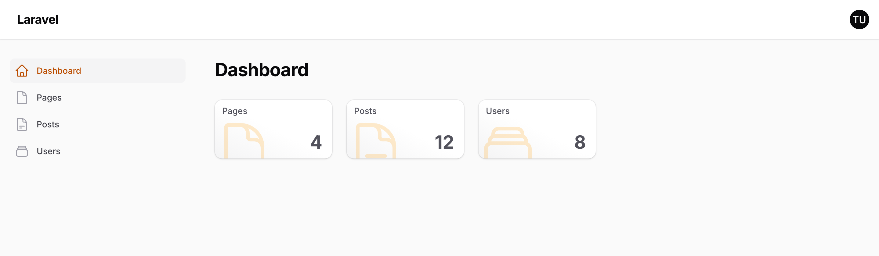 A Filament dashboard with the Overlook widget showing cards for Pages (4), Posts (12) and Users (8)