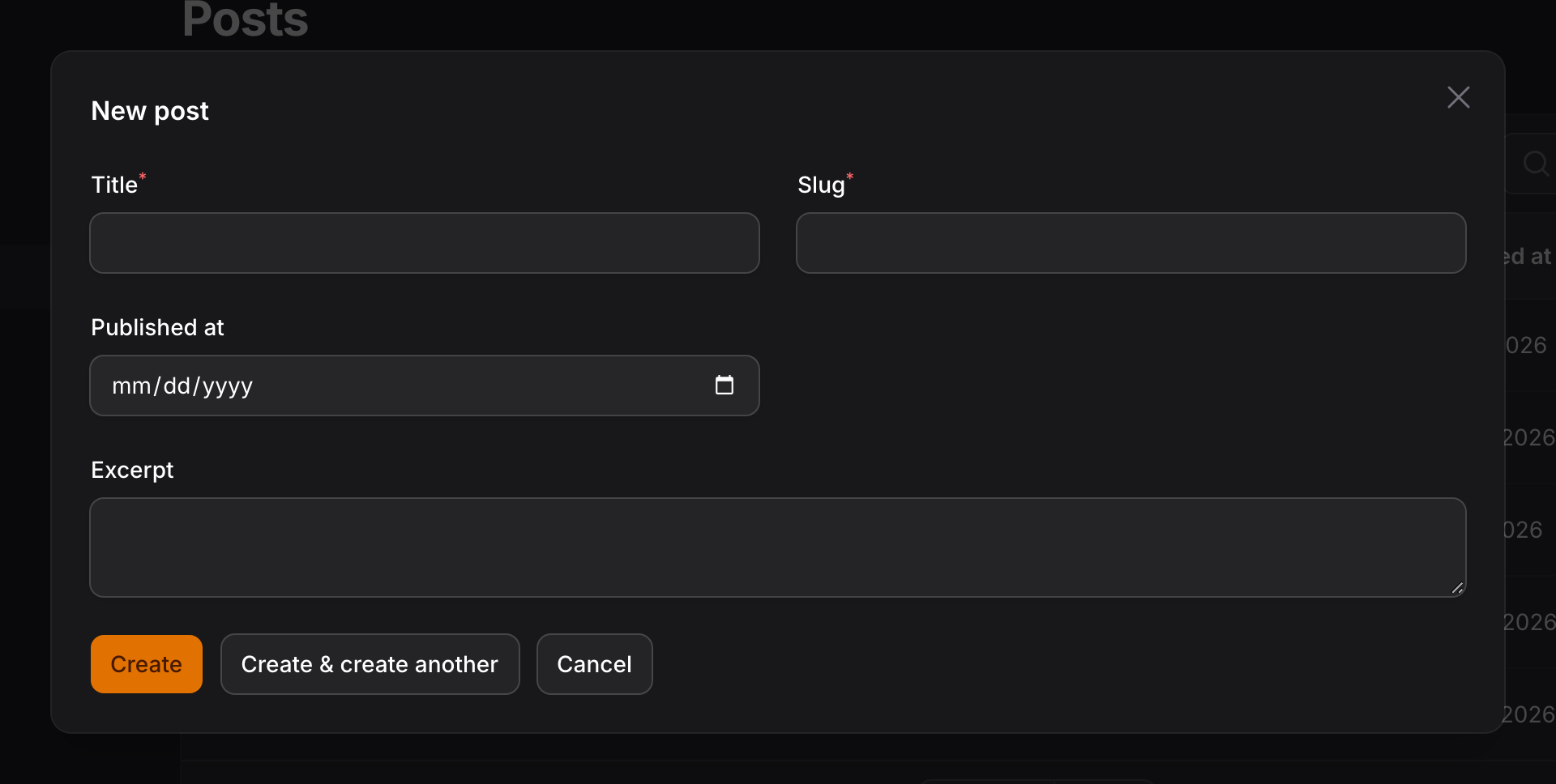 A New post modal opened from Quick Create over the Posts page, with Title, Slug, Published at, and Excerpt fields and Create, Create & create another, and Cancel buttons