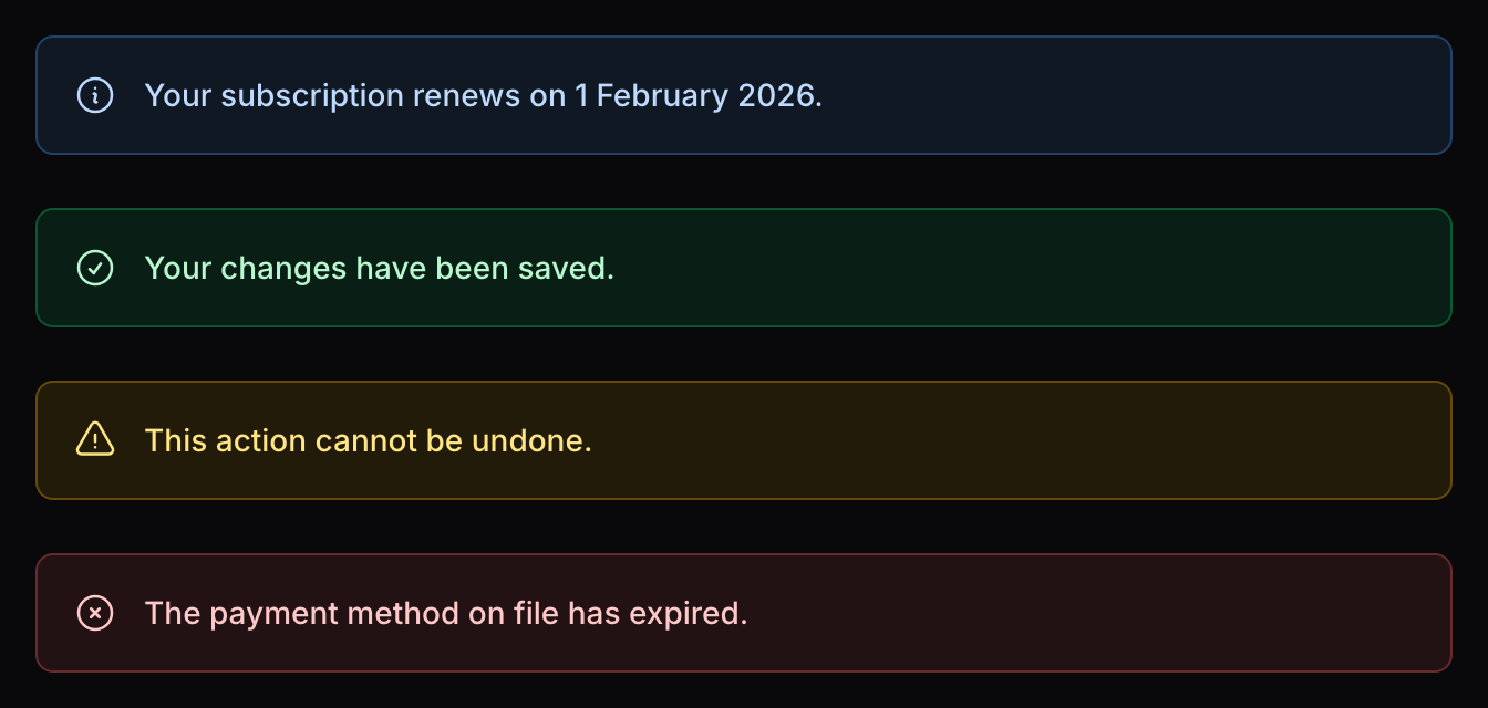 Four Shout notices stacked in a Filament panel: a blue info notice with an information icon, a green success notice with a check icon, an amber warning notice with a triangle icon, and a red danger notice with a cross icon
