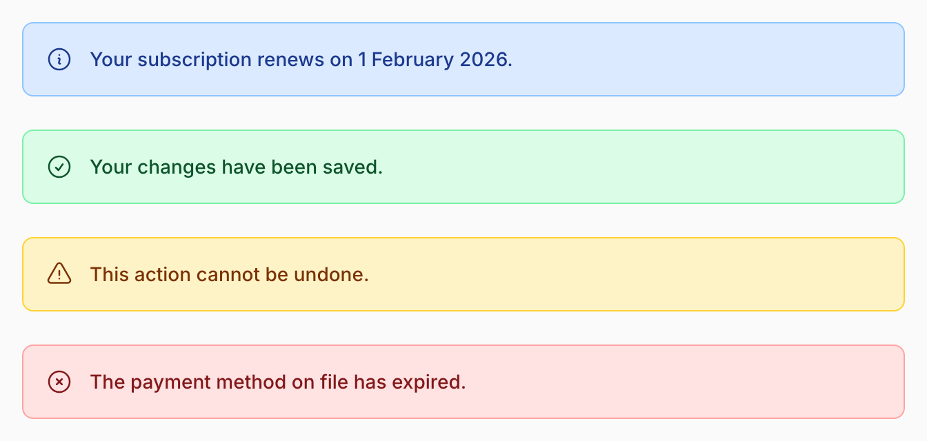 Four Shout notices stacked in a Filament panel: a blue info notice with an information icon, a green success notice with a check icon, an amber warning notice with a triangle icon, and a red danger notice with a cross icon